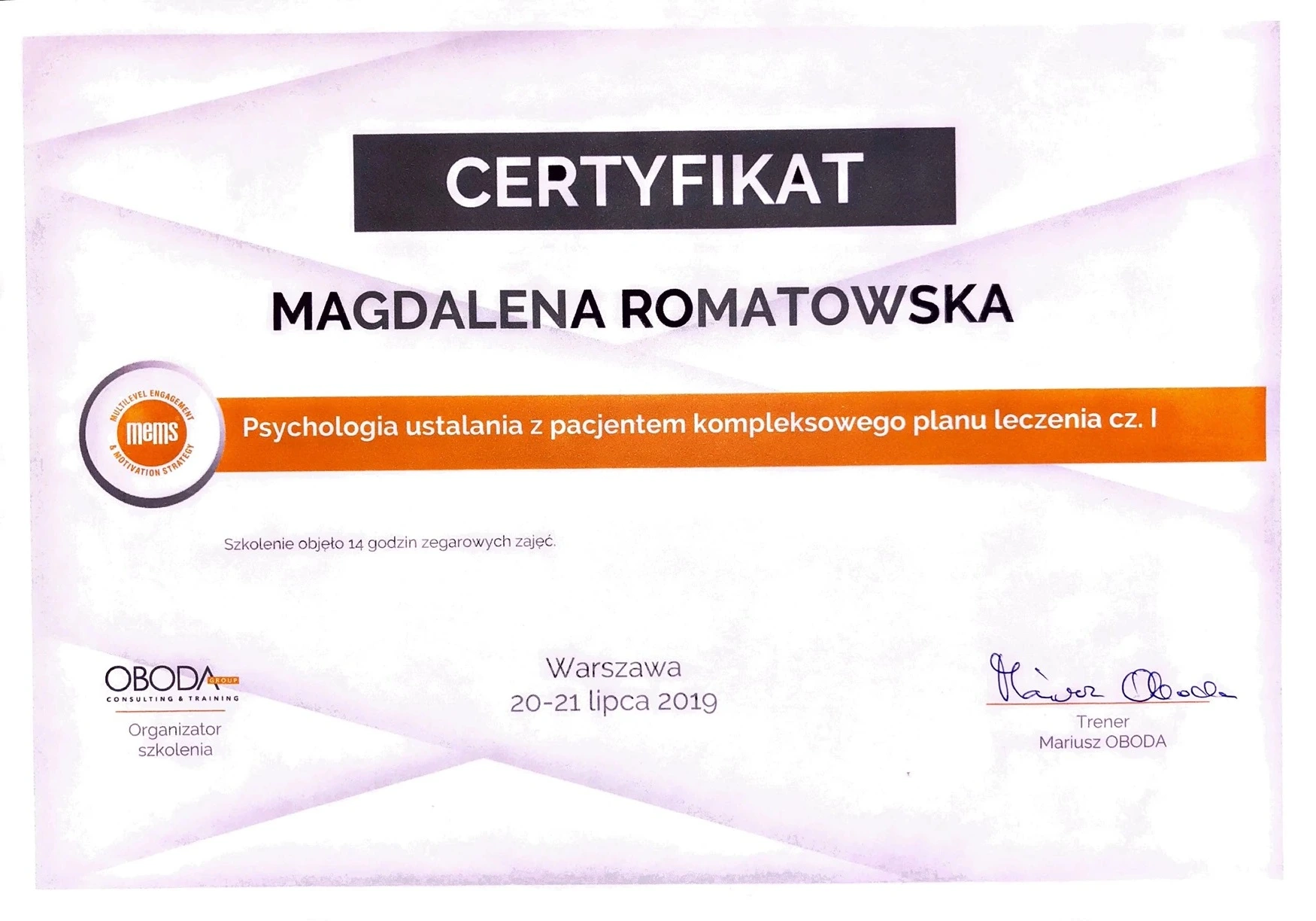 Certyfikaty Higienistka Magdalena Romatowska